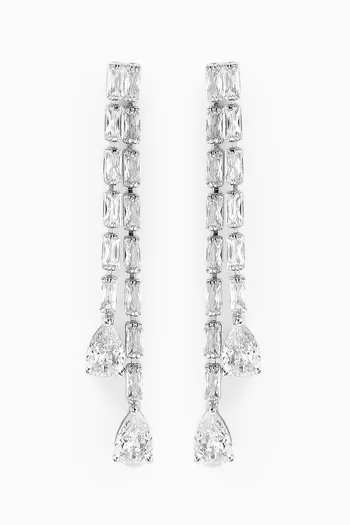 Baguette Double Drop Pear Earrings in Rhodium-plated Brass
