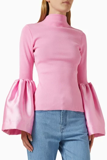 Puff-sleeve Turtleneck Top in Ribbed-knit
