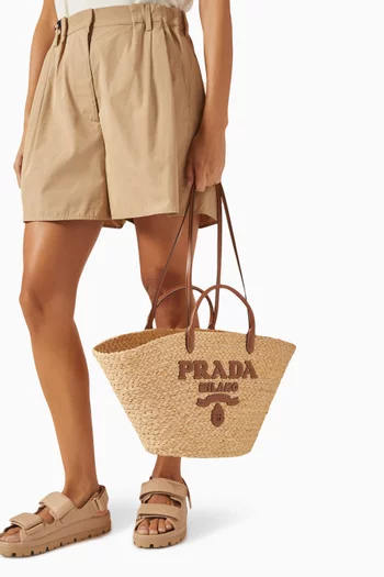 Small Logo Tote Bag in Raffia & Leather