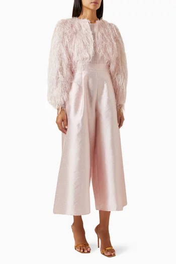 Feather-trimmed Jumpsuit Set in Satin