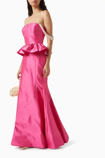 Off-shoulder Peplum Gown in Shantung