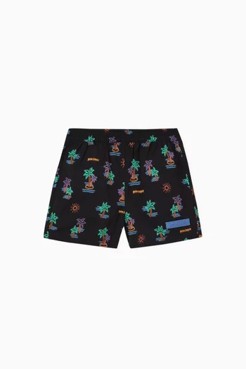 Neon Palms Print Swim-shorts in Polyester