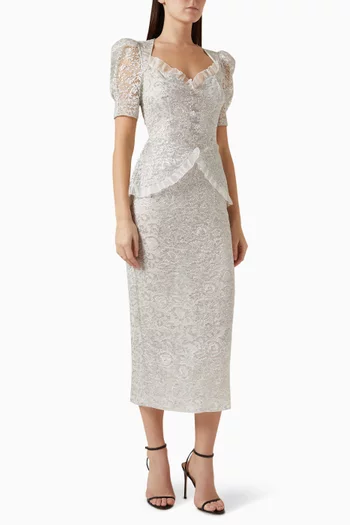 Puff-sleeve Evening Dress in Lurex Lace