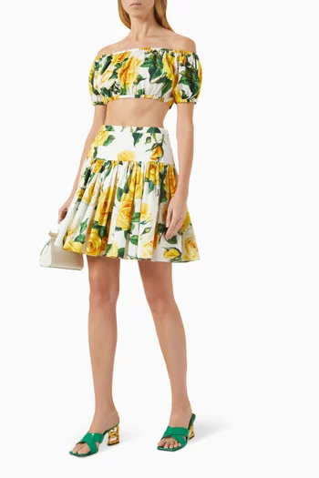 Floral-print Flared Mini Skirt in Cotton-poplin