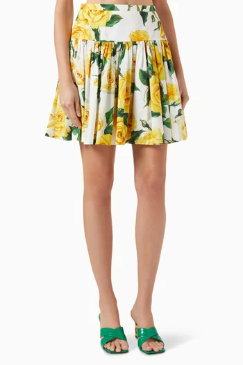 Floral-print Flared Mini Skirt in Cotton-poplin