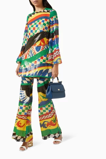 Sequinned Flared Pants in Carretto Print
