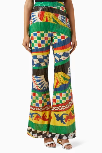 Sequinned Flared Pants in Carretto Print