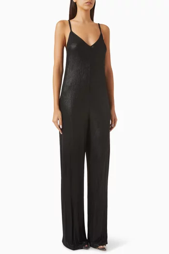 Laminated V-neck Jumpsuit in Ribbed Jersey