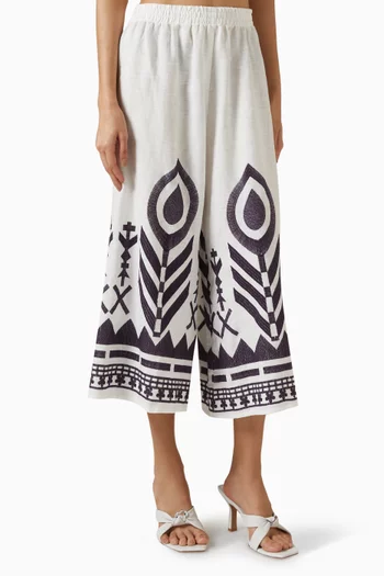 Embroidered Feather Pants in Linen