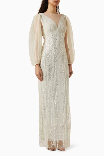 Sequin-embellished Blouson-sleeves Maxi Dress