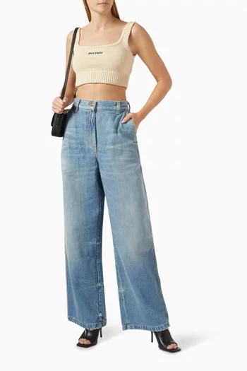 Logo Wide-leg Jeans in Washed Cotton-denim