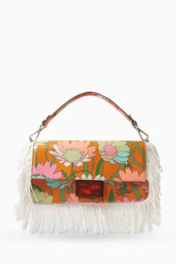 Floral-print Fringed Baguette Shoulder Bag in Coated-canvas