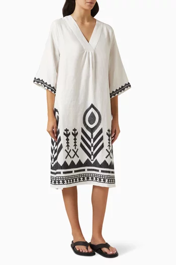 Embroidered Feather V-neck Dress in Linen