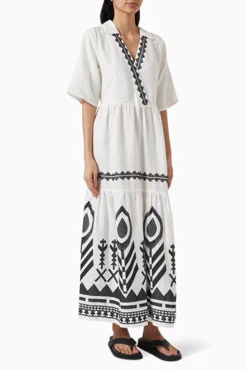 V-neck Embroidered Midi Dress in Linen