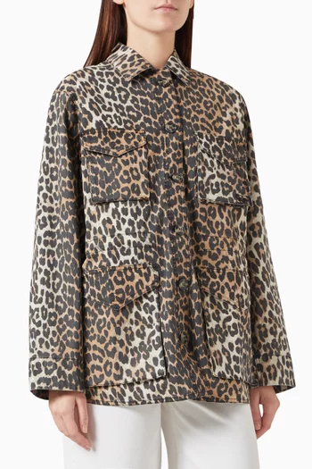 Leopard-print Jacket in Washed Cotton-canvas