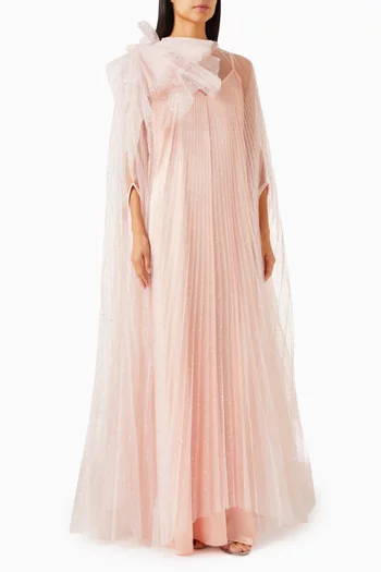 فستان تاشا طويل مزين بزهرة بارزة تول مرصع بالكريستال