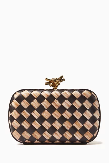 Knot Minaudiere Clutch with Chain in Leather and Raffia