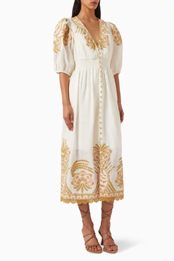 Waverly Embroidered Midi Dress in Linen