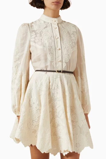 Ottie Embroidered Mini Dress in Linen