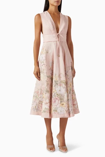 Waverly Plunge Midi Dress in Linen