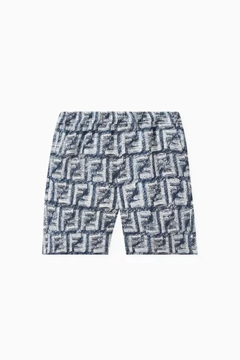 Fringed-effect FF Logo Print Shorts in Stretch Cotton
