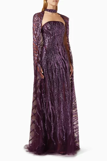 Glitter-embellished Detachable Cape Gown in Mesh-tulle