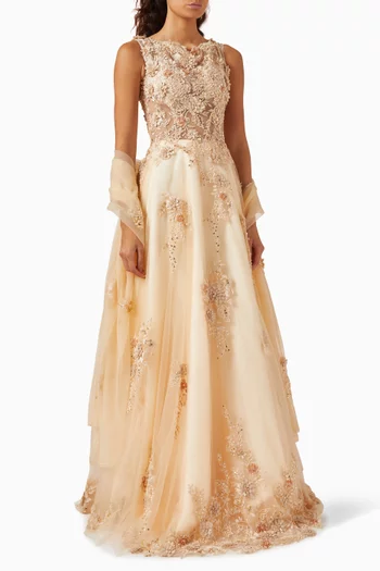 Beaded Lace Gown with Scarf in Tulle