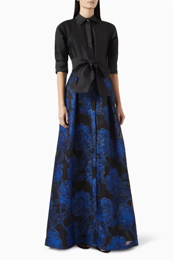 Floral-pattern Belted Maxi Dress in Taffeta