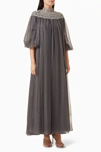 Kaftan-style loose-cut dress with lace at theneckline, gathered waist at the back, andthree-quarter sleeves.:Grey:38|217207739