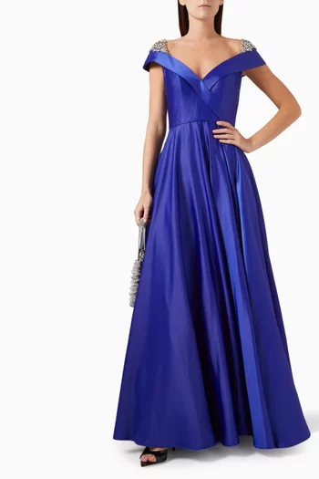 Embellished Cap=sleeve V-neck Gown in Satin