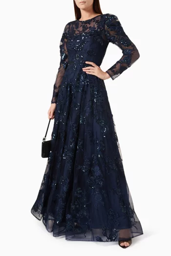 Floral-embroidered Illusion A-line Maxi Dress in Mesh