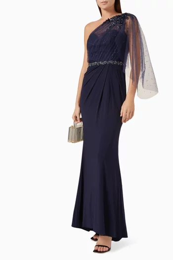 Embellished One-shoulder Draped Gown
