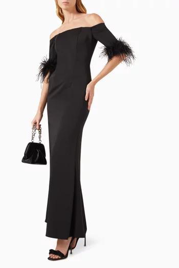 Feather-trim Off-shoulder Column Gown in Taffeta
