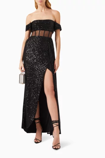 Sheer Corset Waist Gown in Sequins