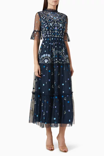 Embroidered Midi Dress in Tulle