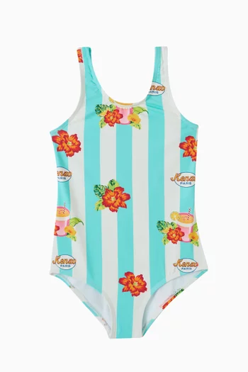 Striped Floral Swimsuit in Stretch Nylon