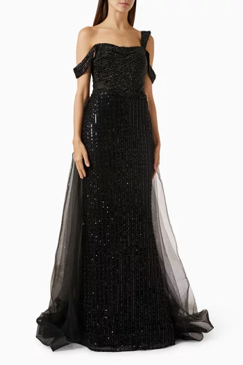 Beaded Off=shoulder Gown in Tulle
