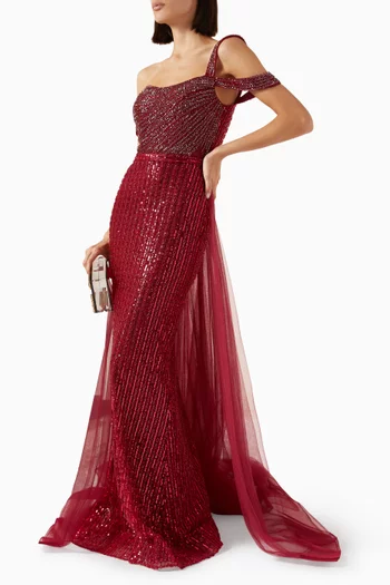 Beaded Off-shoulder Gown in Tulle