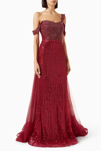 Beaded Off-shoulder Gown in Tulle