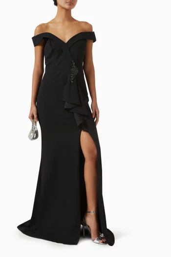 Beaded Off-shoulder Gown in Crepe
