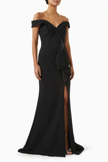 Beaded Off-shoulder Gown in Crepe