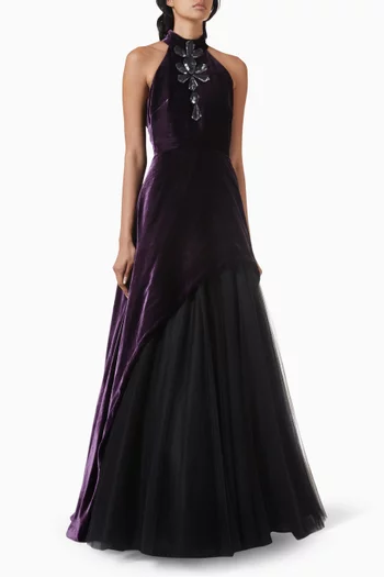 Shantell Asymmetric Gown in Silk-velvet