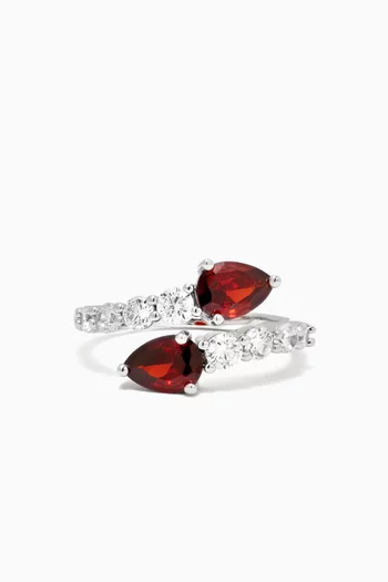 Double-pear CZ Open Ring in Rhodium-plated Brass