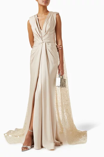 فستان سهرة درابيه بكاب مطرز بالخرز ستان وتول