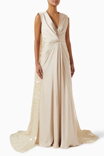 فستان سهرة درابيه بكاب مطرز بالخرز ستان وتول