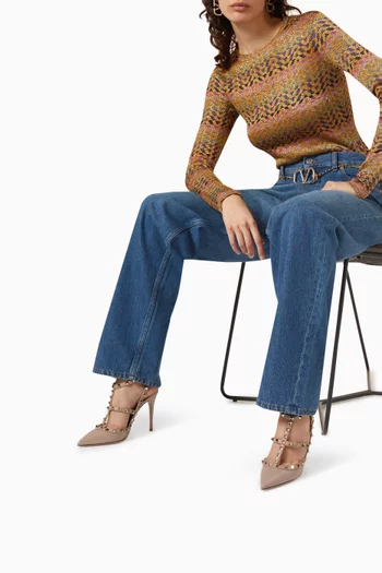 حذاء كلاسيك بحلي هرمية وكعب 100 مم جلد عجل