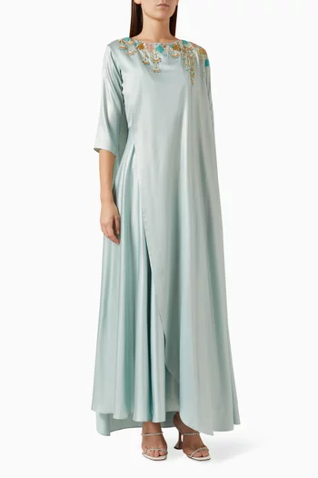 Bead-embellished Asymmetric Cape Dress in Metallic-crepe