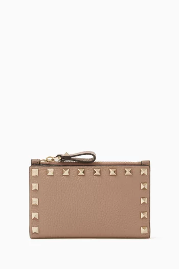 Rockstud Zipped Card Holder in Grainy Calfskin