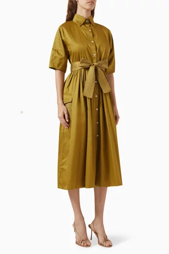 Olivia Belted Midi Dress in Cotton-satin