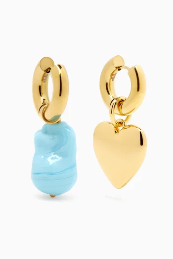 MIX AND MATCH EARRING WITH GOLD HEART AND BLUE PEARL IN BRASS 14K GOLD PLATED:Blue    :One Size|217280076